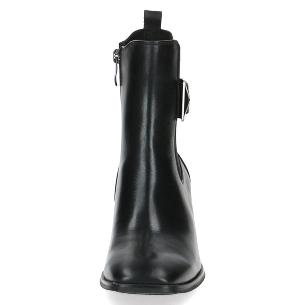 Caprice Black Nappa Leather Block Heeled Ankle Boot with Buckle and Side-zip. Only size 4 and 7.5 left