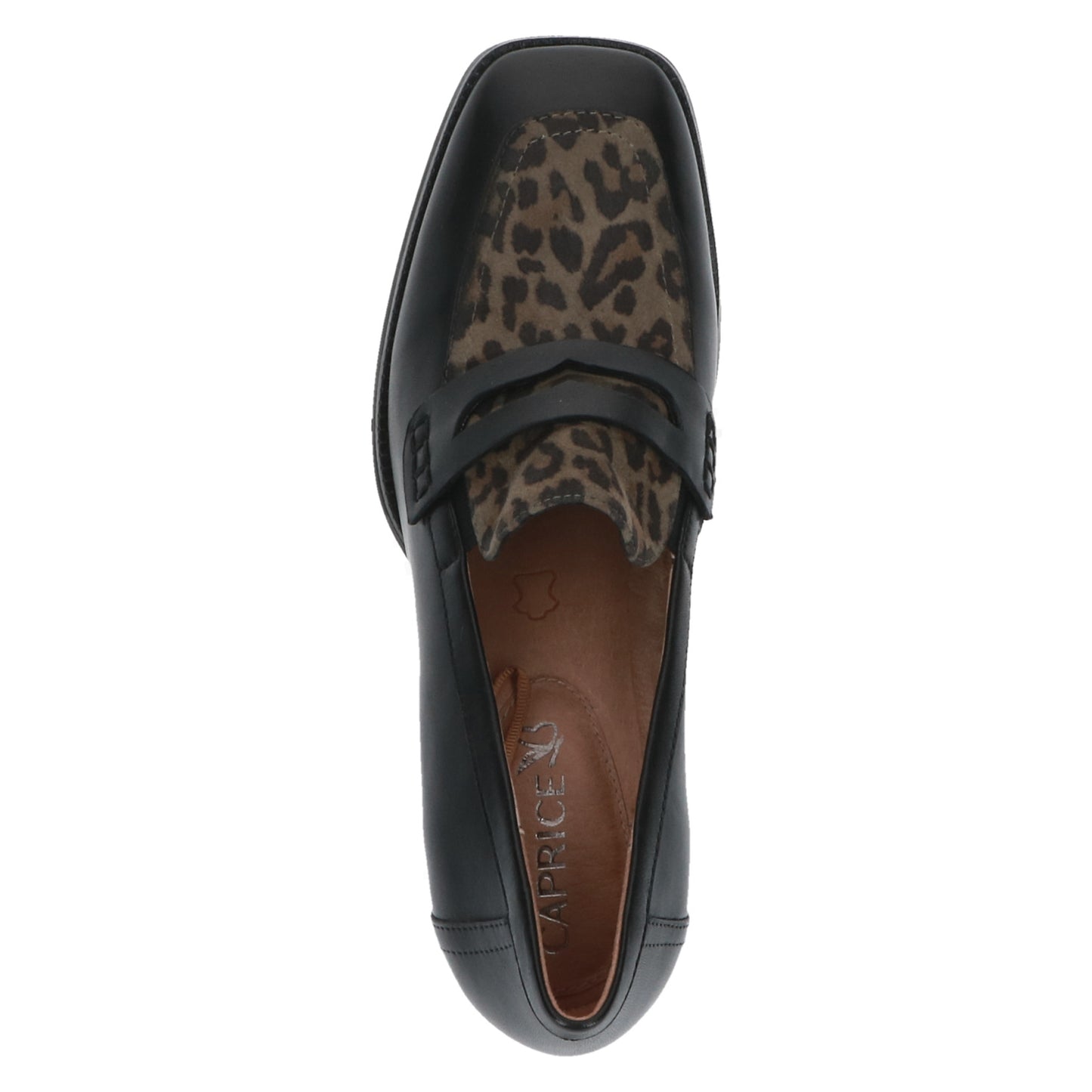 Caprice Black Leopard Print Heeled Loafer.