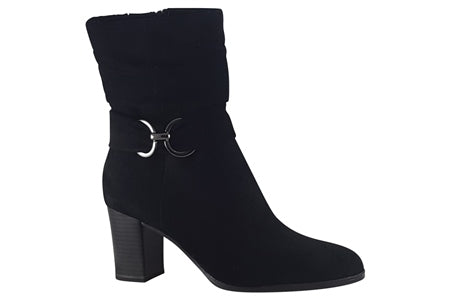 Caprice Black Suede Heeled Ankle Boots With Mock Buckle Strap and Side Zip. Only sizes 4,4.5 and 7 left.