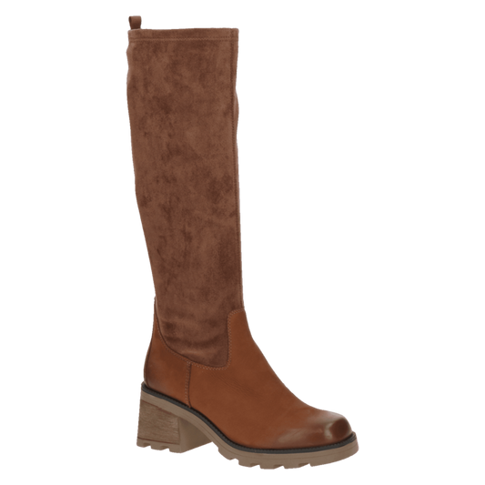 Caprice Cognac stretch suede long boot, with Block heel. Only sizes 6 and 6.5 left