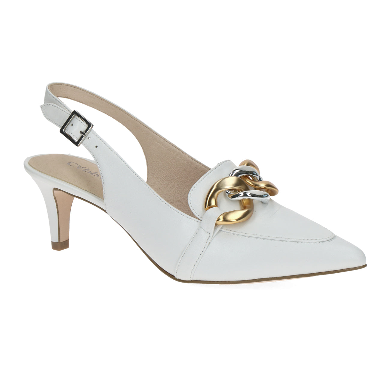 Caprice White Perlato Leather Sling Back with a Mid Heel and chain front.