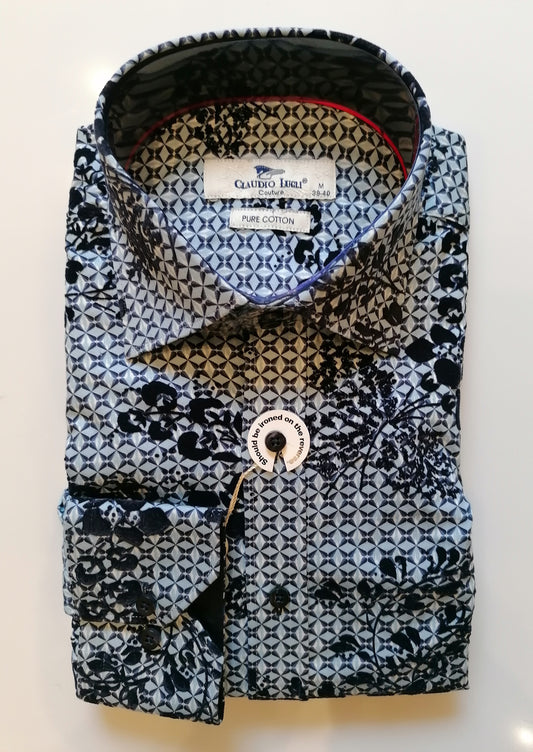 Blue Geo Rose Flocked Print shirt - CP8013