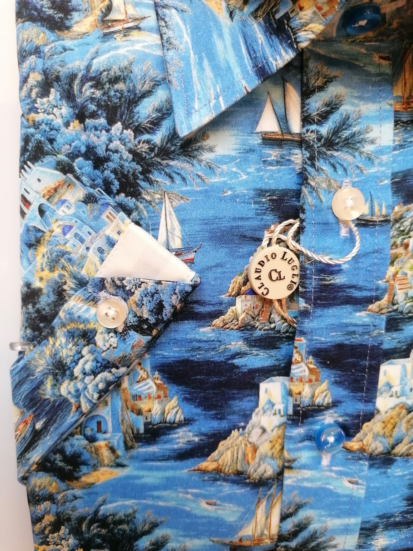 Men's Short Sleeve Blue Island and Sailing Boats Shirt