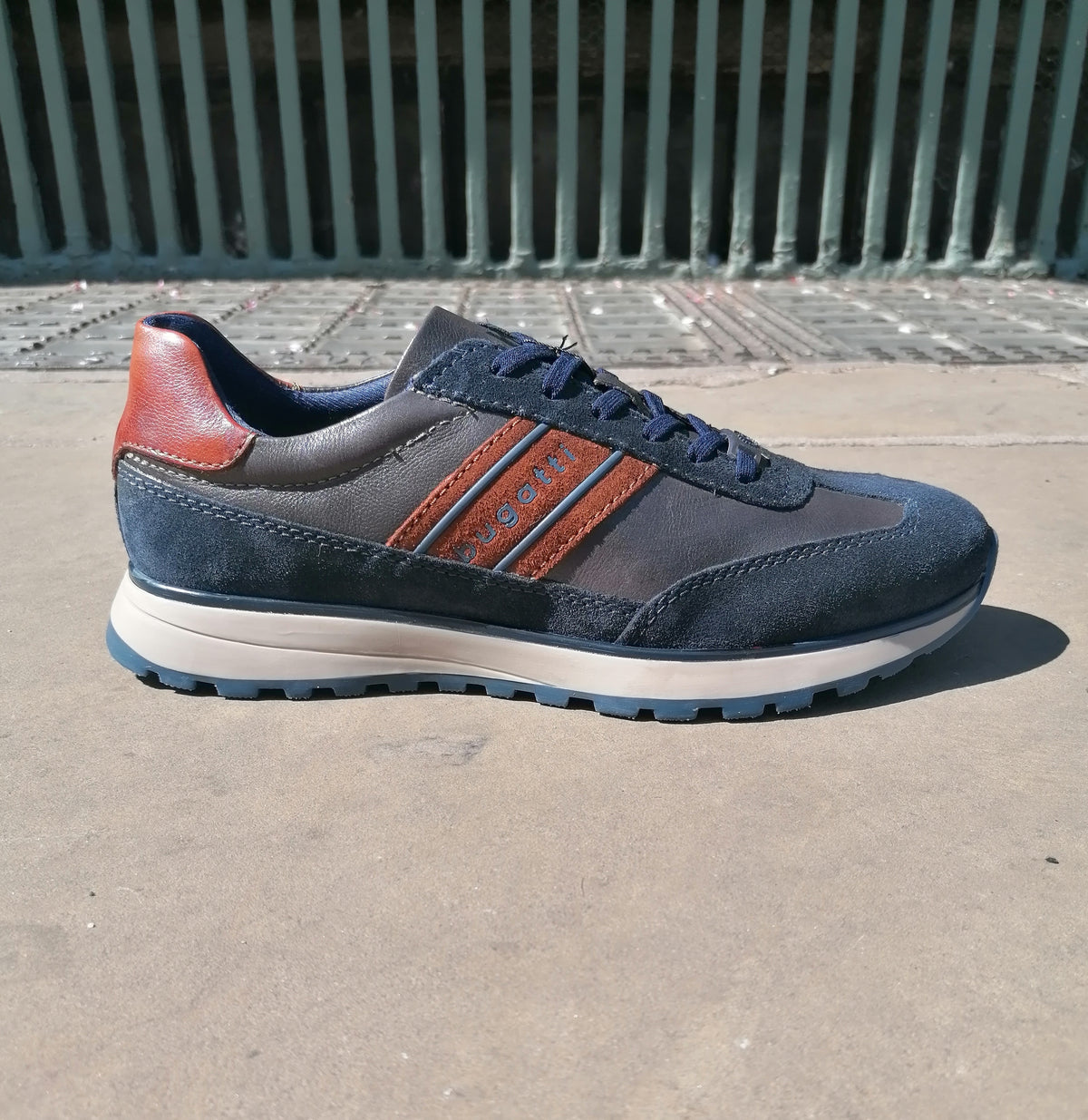 Lace Up Leather and Suede Trainer Dark Blue with Grey and Cognac
