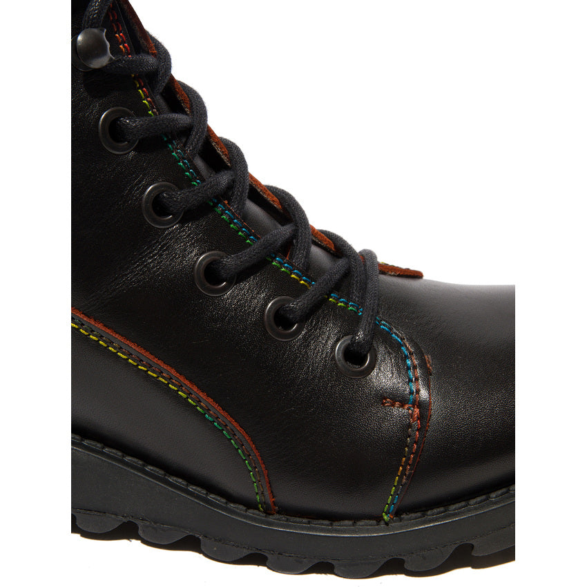 Fly London Sore13 Java Black with Rainbow stitching, Ankle Boot.
