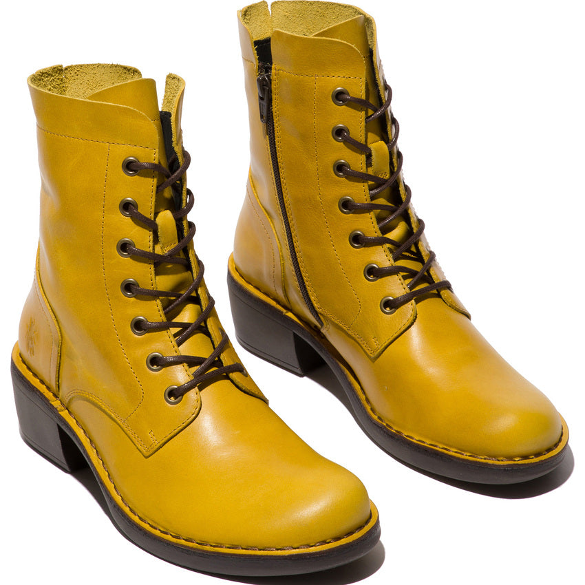 Fly London Milu044 Rug Lace-up Boot with side zip in Mustard. Only 3 and 5 left