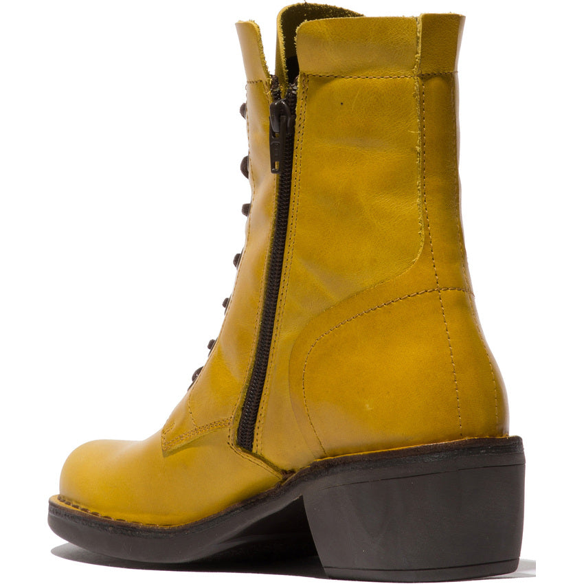 Fly London Milu044 Rug Lace-up Boot with side zip in Mustard. Only 3 and 5 left