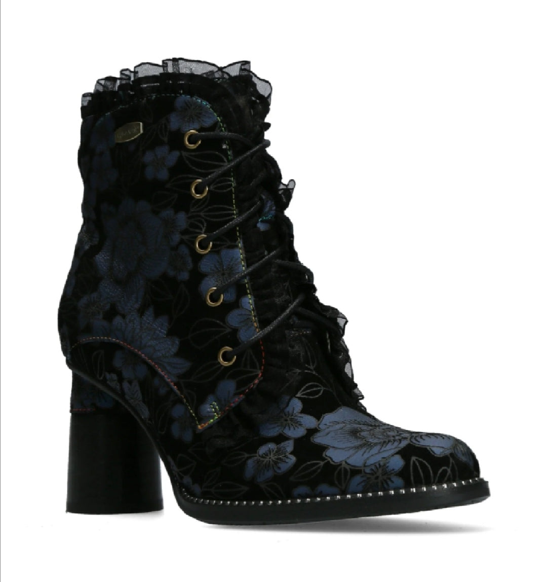 Laura Vita Gucstoo 11 Marine Blue Bleu Frill Lace Up Heeled Ankle Boot.
