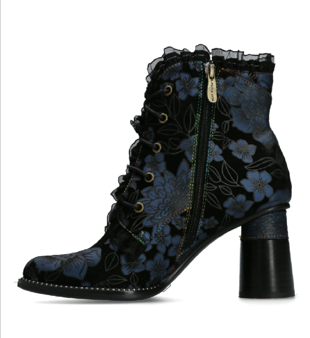 Laura Vita Gucstoo 11 Marine Blue Bleu Frill Lace Up Heeled Ankle Boot.