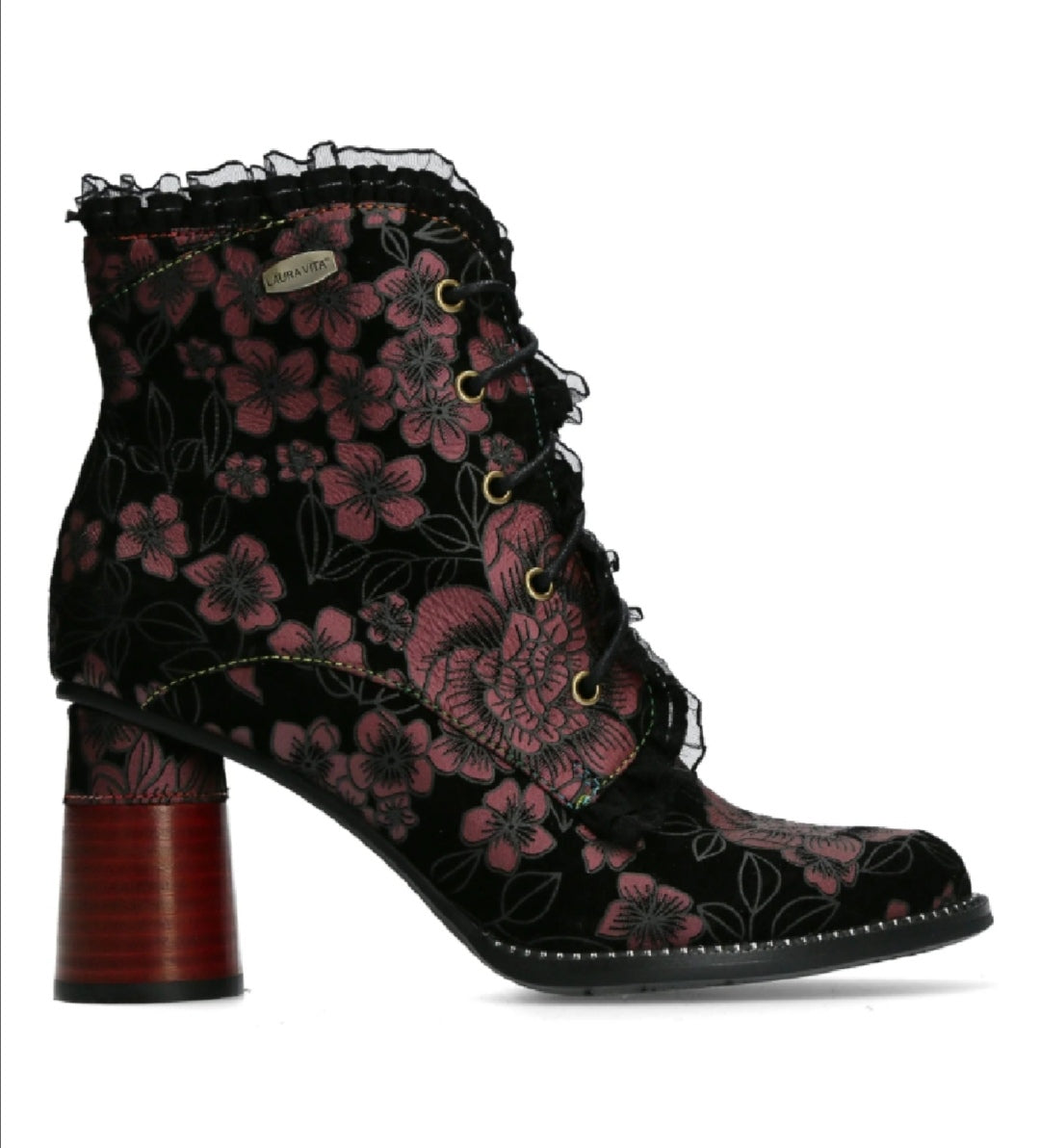 Laura Vita Gucstoo 11 Grenat Rose Pink Frill Lace Up Heeled Ankle Boot.