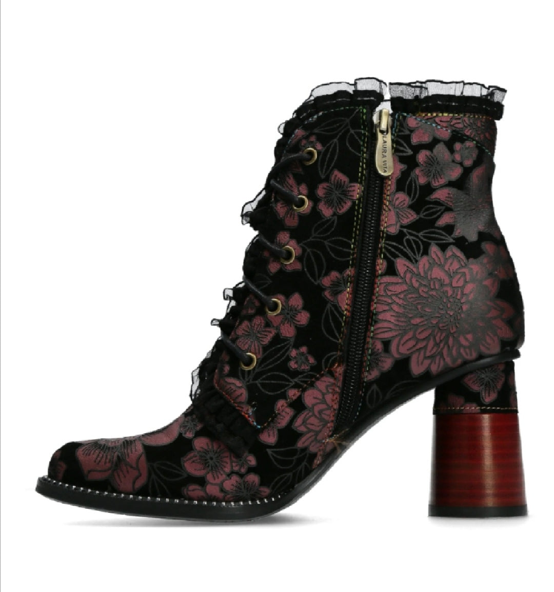 Laura Vita Gucstoo 11 Grenat Rose Pink Frill Lace Up Heeled Ankle Boot.