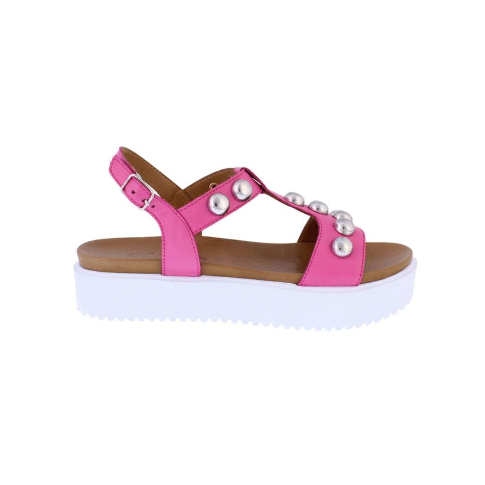 Adesso Summer Hot Pink T Bar Leather Sandal with buckle.