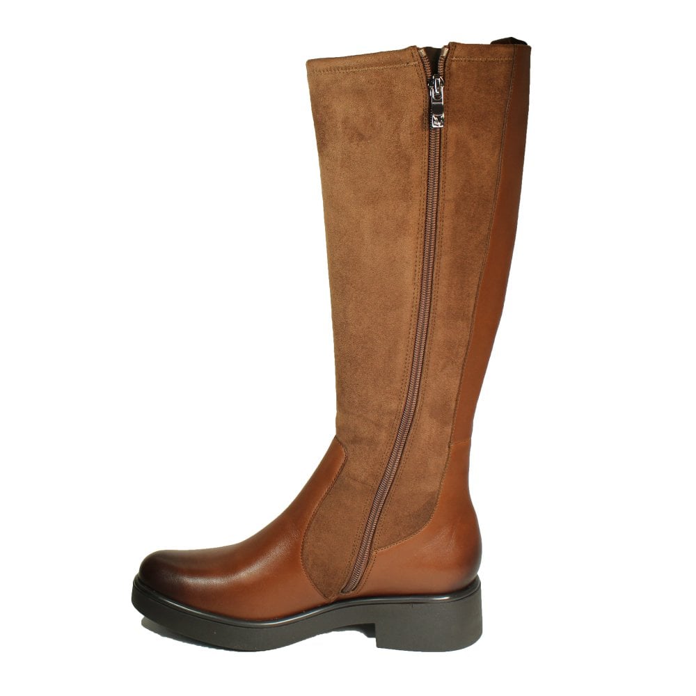 Caprice Cognac Comb Leather/Suede Block Heel Long Boot. Only sizes 4 and 6.5 left