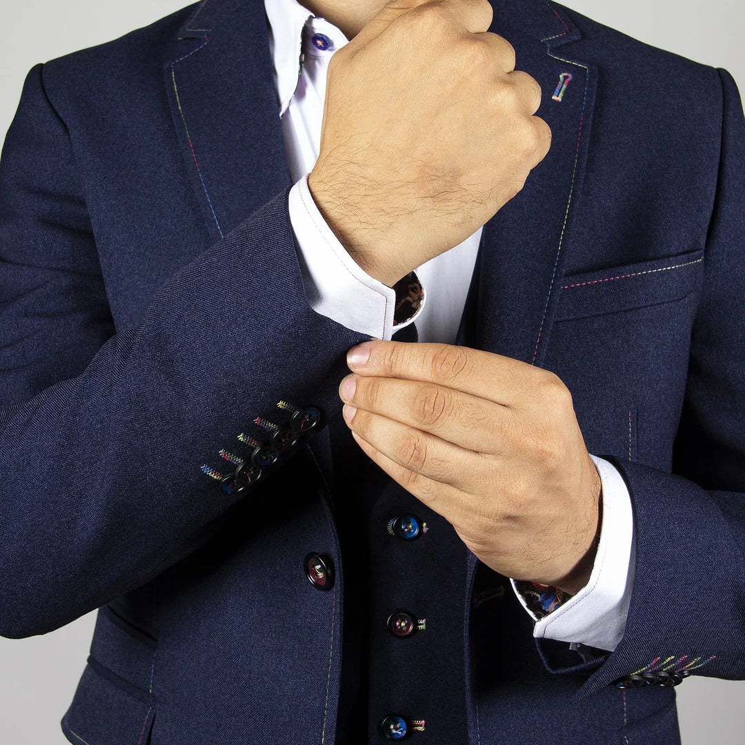 Signature Fitted Navy Jacket with Multicolour Stitching & Matching Waistcoat - CL1919