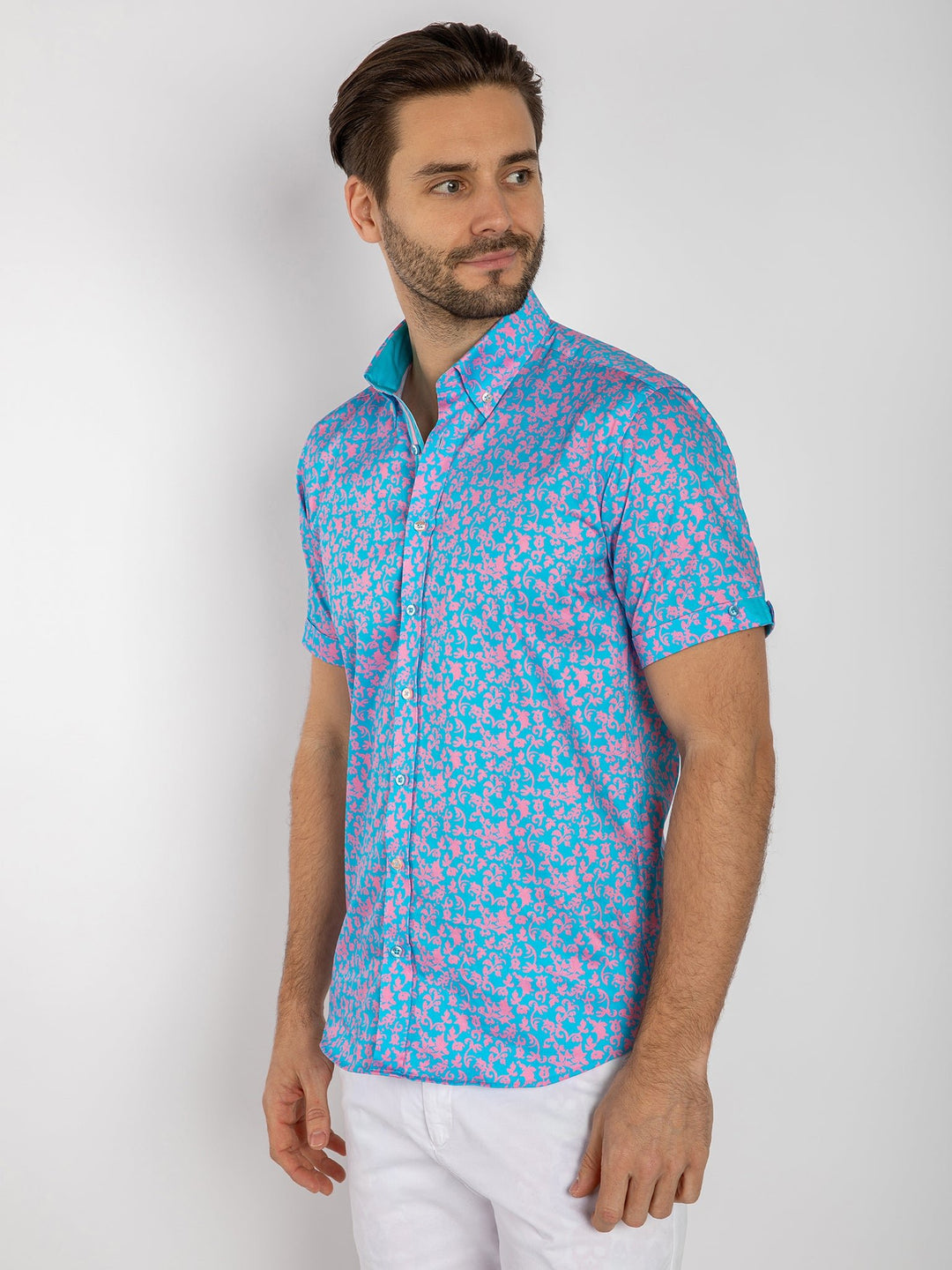 Men's Short Sleeve Floral Silhouettes Ornaments ss Pink