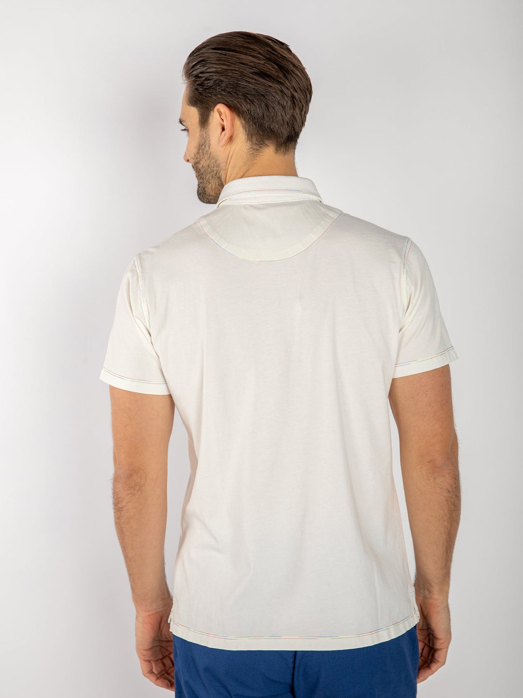 Men's Off White Polo Shirt with Striped Detailing.