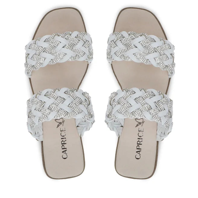 Caprice White Crystal/Taupe Flat Mule. Only sizes 5, 6 and 7.5 left.