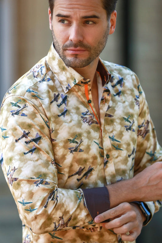 Spitfires Print Shirt. Brown/Sand - CP8026