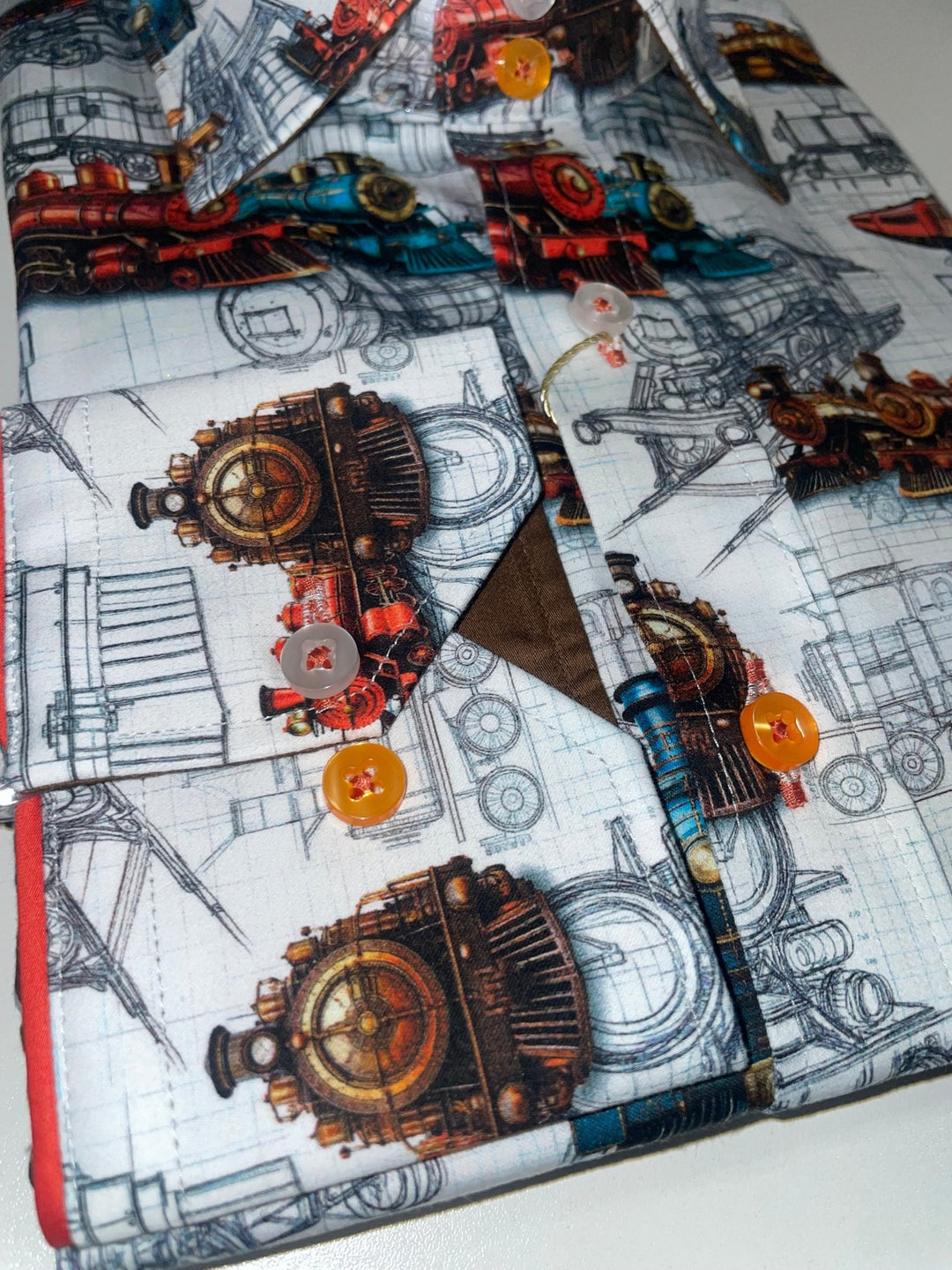 White Vintage Trains Locomotive Blueprint Shirt - CP8059