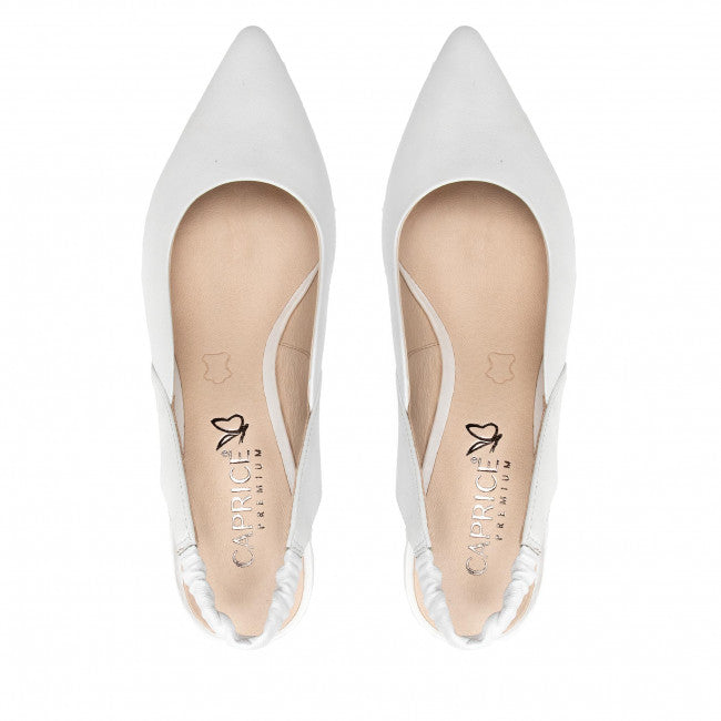 Caprice White Perlato Leather Sling Back with a Mid Heel. only size 7 left.