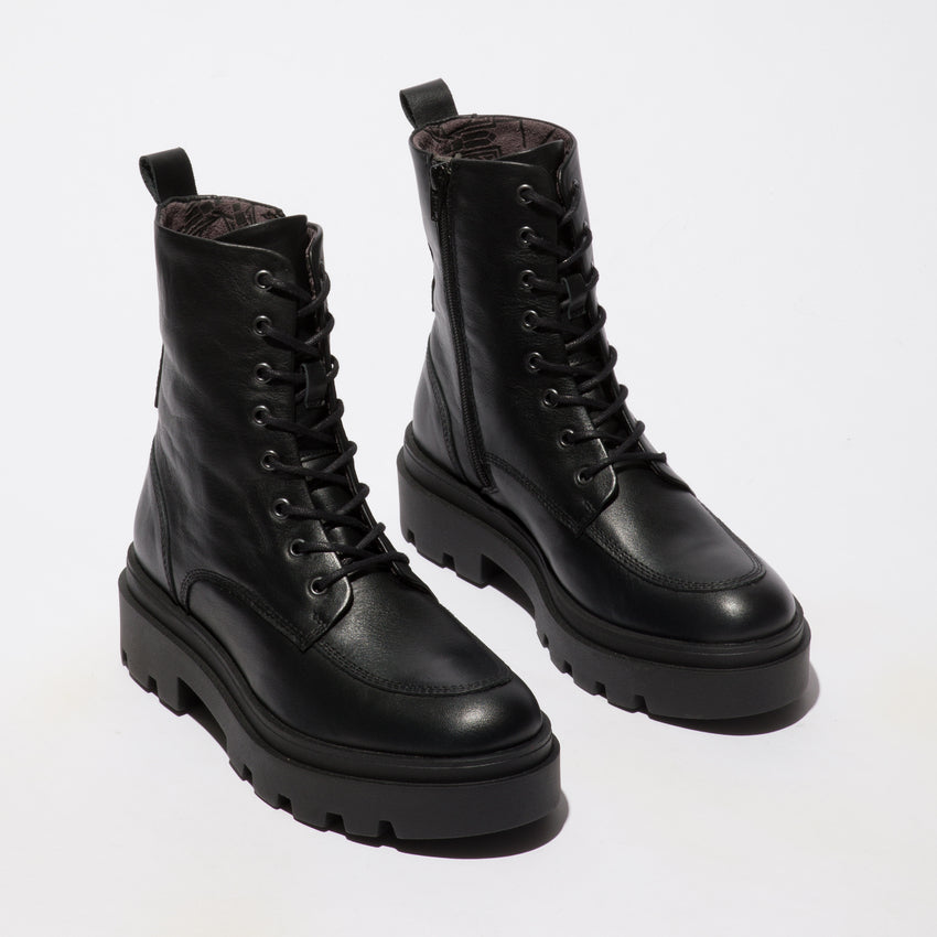 Fly London Jaye87 Lace-up Side zip Boot in Black. Only size 4 left.