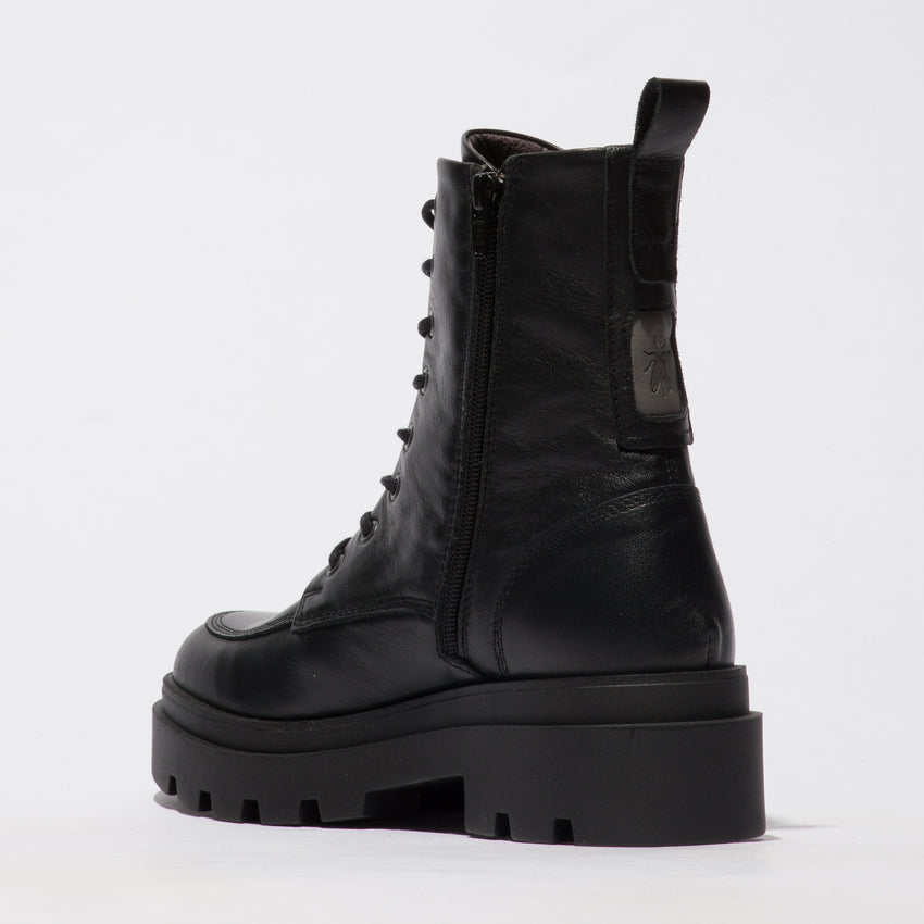 Fly London Jaye87 Lace-up Side zip Boot in Black. Only size 4 left.