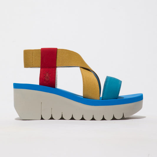 Fly London YAB1922 Cupido Red/Yellow/Azure Wedge sandal. Only 7 and 8 left