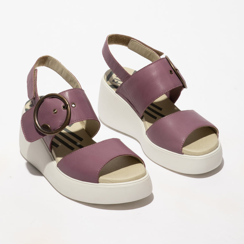 Fly London Digo939 Ceralin Violet Leather Wedge Sandal with Buckle and Velcro Fastening.