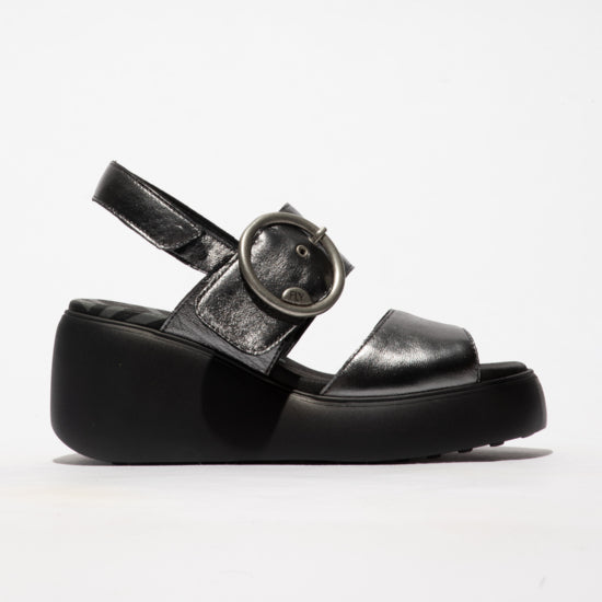Fly London Digo939 Idra Graphite Leather Wedge Sandal with Buckle and Velcro Fastner.onlysizes 4 and 6 left.