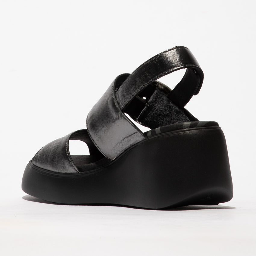 Fly London Digo939 Idra Graphite Leather Wedge Sandal with Buckle and Velcro Fastner.onlysizes 4 and 6 left.