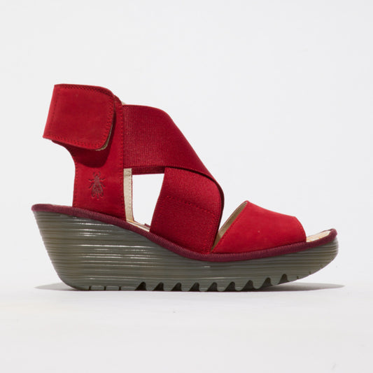 Fly London Yuba385 Cupido Lipstick Red Wedge sandal. Only sizes 3 and 6 left.