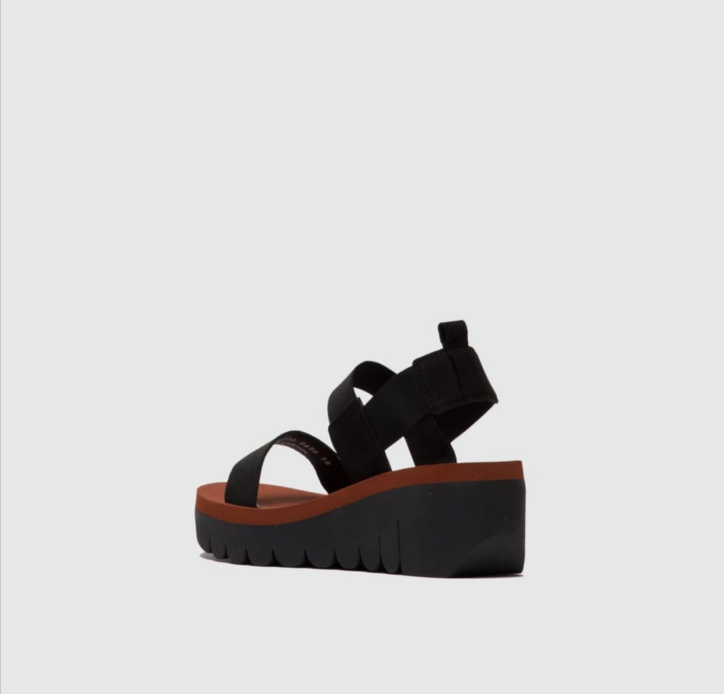Fly London Cupido Black Brick Wedge sandal. Only size 8 left