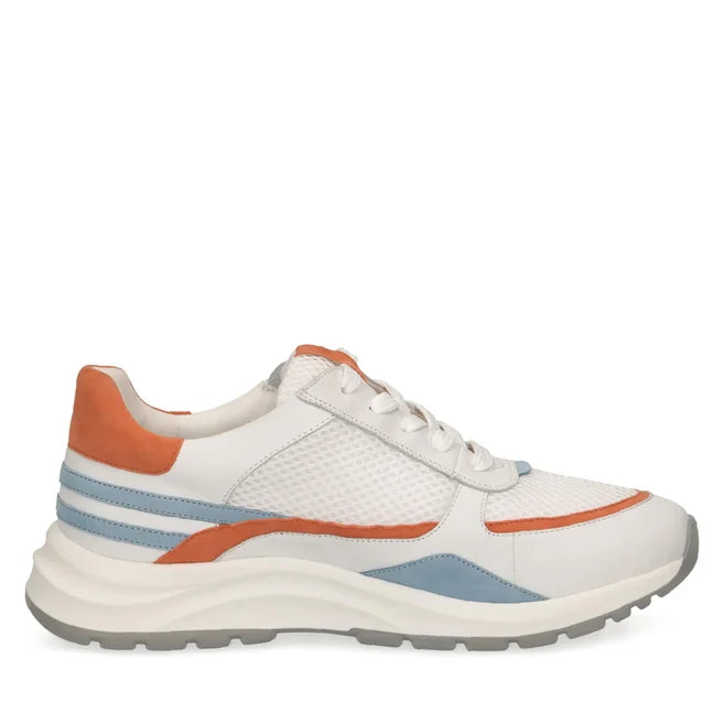 Caprice White with Orange and Blue Leather and Suede sporty Lace up side zip wedge trainer.