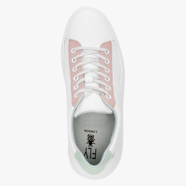 Fly London Delf580 White with Nude and Mint wedge trainer. Only 8 left