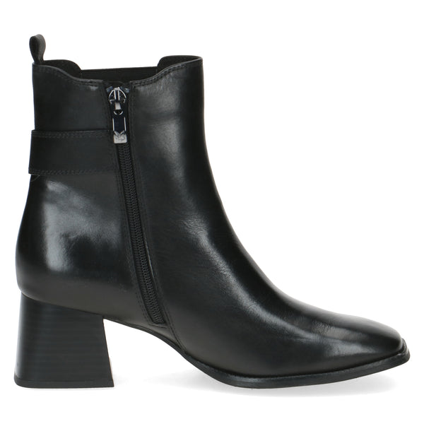 Caprice Black Nappa Leather Block Heeled Ankle Boot with Buckle and Side-zip. Only size 4 and 7.5 left