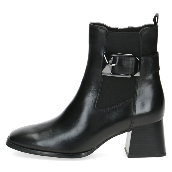 Caprice Black Nappa Leather Block Heeled Ankle Boot with Buckle and Side-zip. Only size 4 and 7.5 left