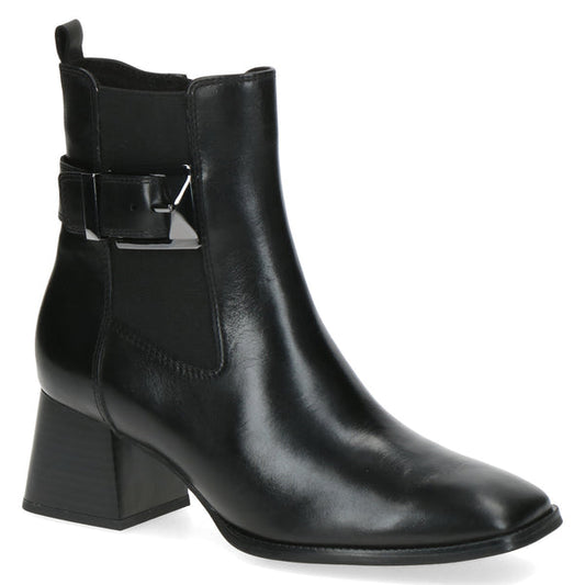 Caprice Black Nappa Leather Block Heeled Ankle Boot with Buckle and Side-zip.