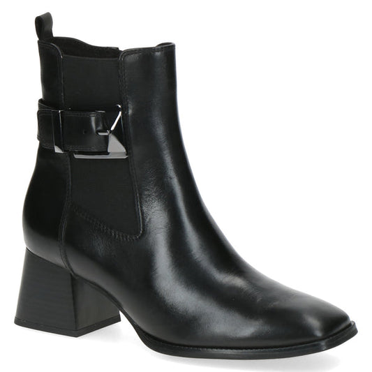 Caprice Black Nappa Leather Block Heeled Ankle Boot with Buckle and Side-zip. Only size 4 and 7.5 left