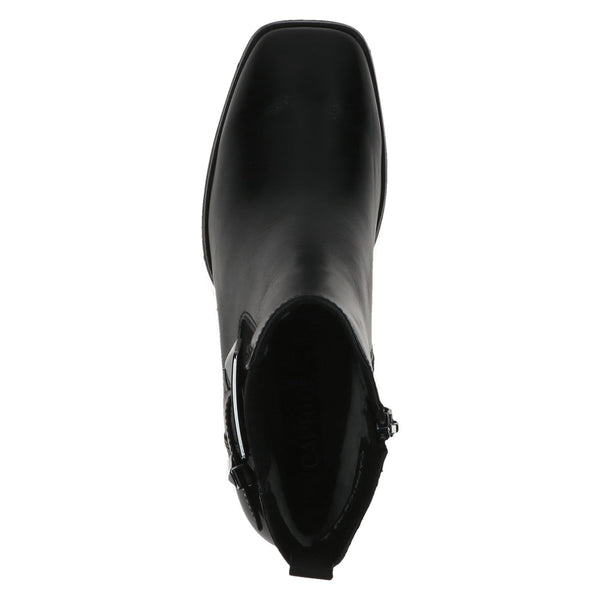 Caprice Black Nappa Leather Block Heeled Ankle Boot with Buckle and Side-zip. Only size 4 and 7.5 left