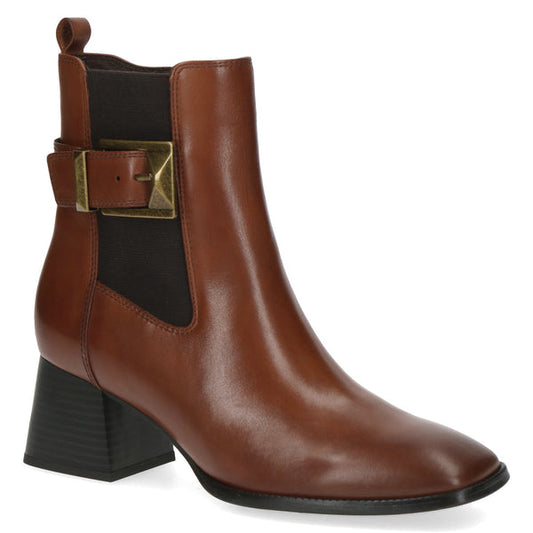 Caprice Cognac Nappa Leather Block Heeled Ankle Boot with Buckle and Side-zip.