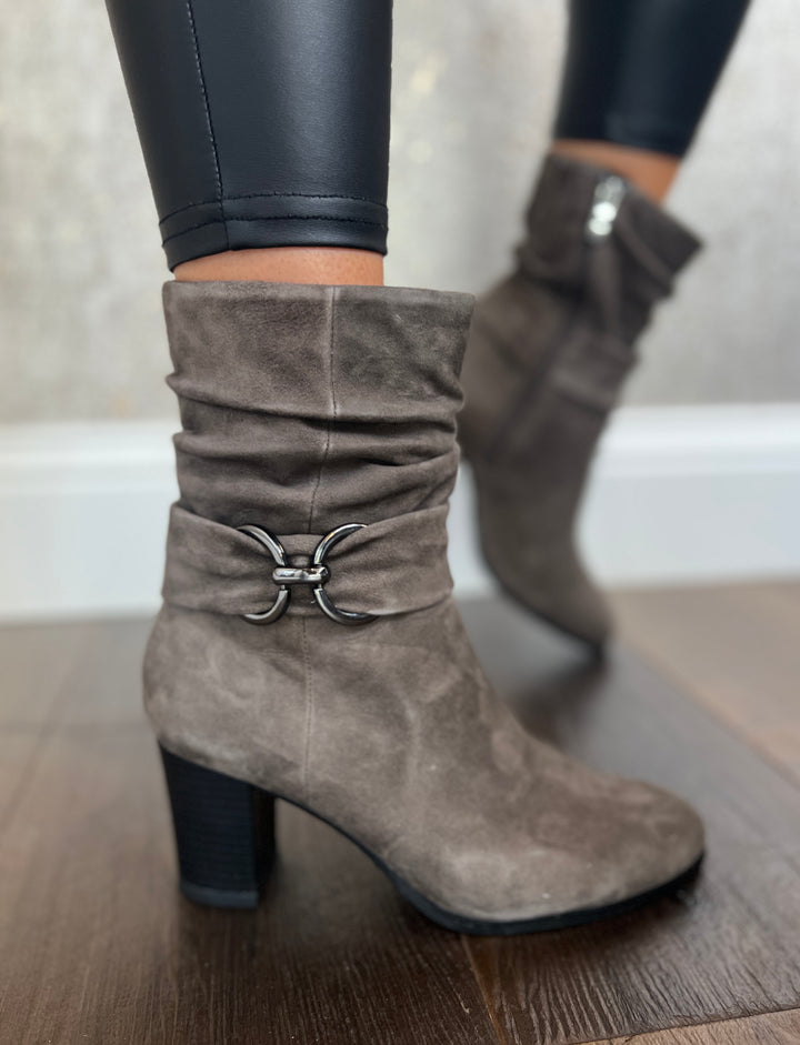 Caprice Stone Suede Heeled Ankle Boots With Mock Buckle Strap and Side Zip.