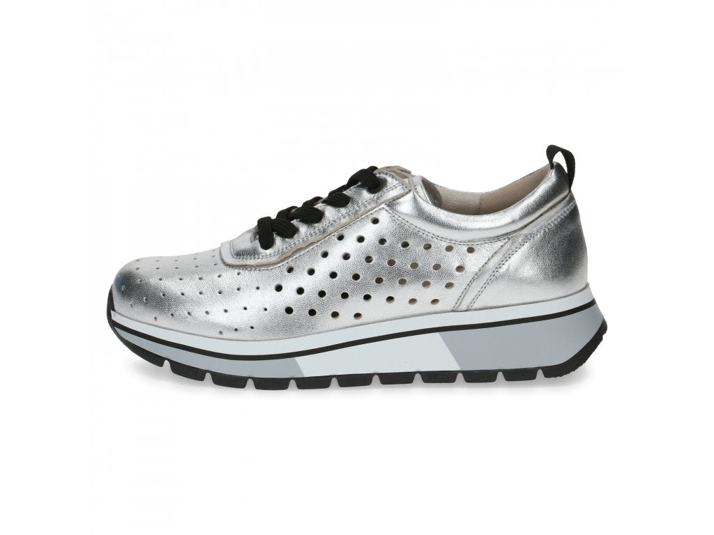 Caprice Silver Metallic Leather Trainer