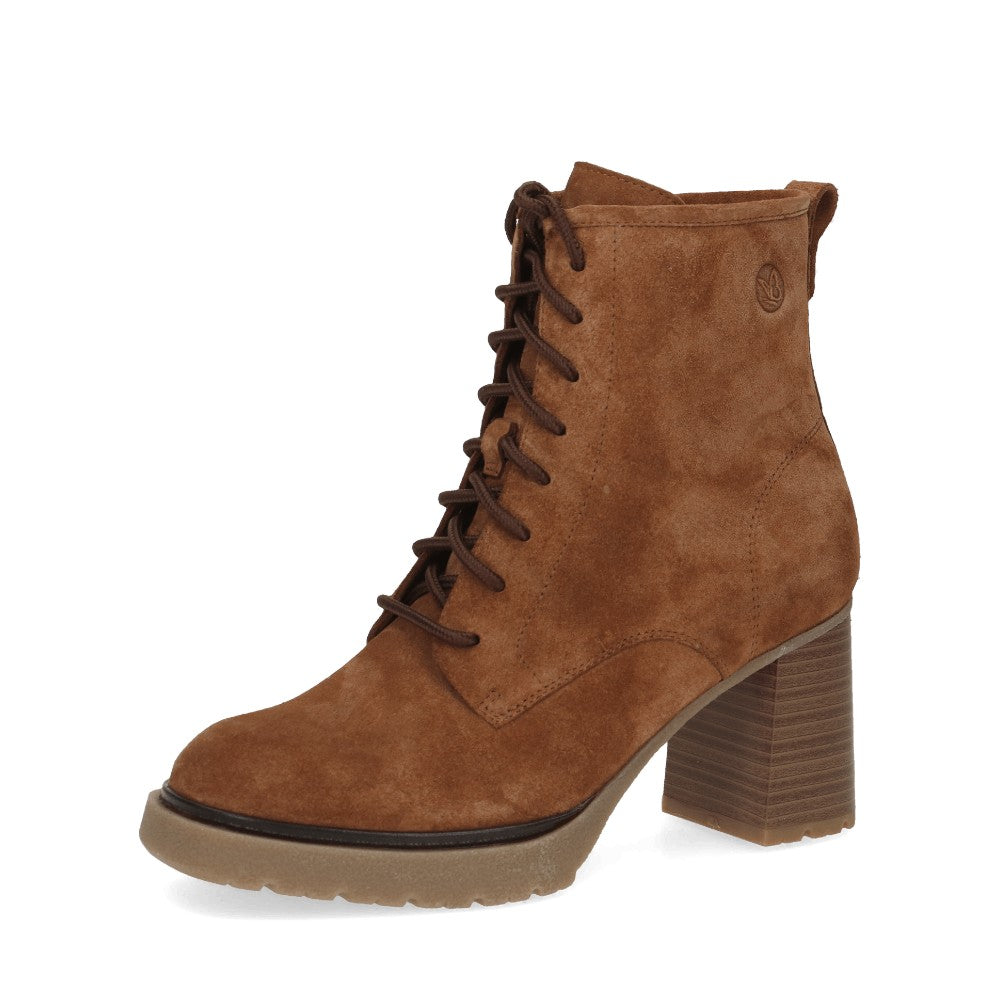 Caprice Cognac Suede Lace up ankle boots with Side Zip and Block heel.