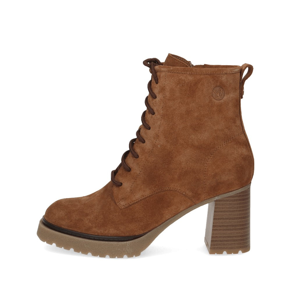 Caprice Cognac Suede Lace up ankle boots with Side Zip and Block heel.