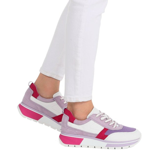 Caprice Purple and Pink suede leather wedge trainer.