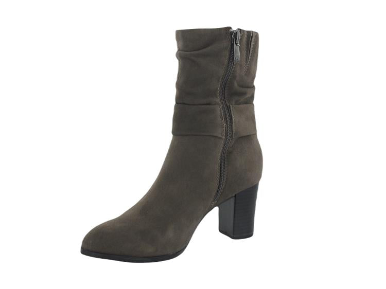 Caprice Stone Suede Heeled Ankle Boots With Mock Buckle Strap and Side Zip.