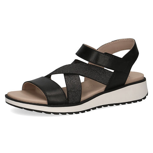 Caprice Black Nappa Leather wedge casual sandal with velcro fastening.