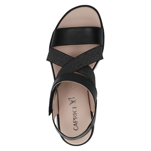 Caprice Black Nappa Leather wedge casual sandal with velcro fastening.