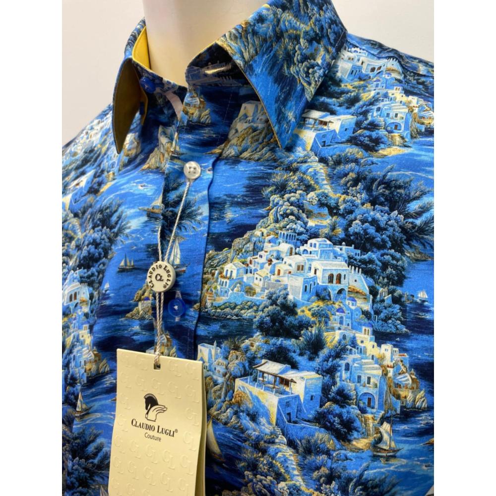 Men's Short Sleeve Blue Island and Sailing Boats Shirt