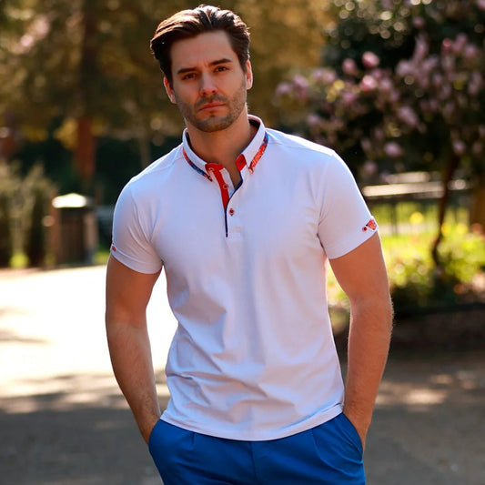 White Marble Trim Polo Shirt - CL7094